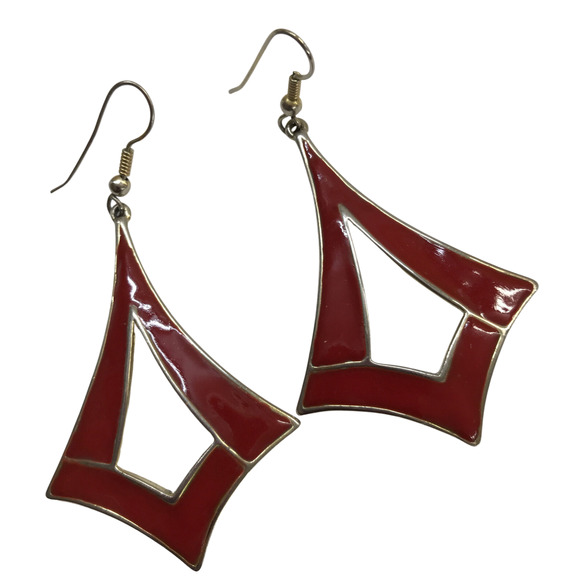 Vintage 1980s Hook Pierced 2.5" Dangle Drop Earrings Red Enameled and Goldtone - Picture 1 of 6